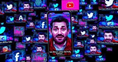 Sfora deepfake'ów Sama Altmana wylewa się z pękniętego smartfona na tle glitchujących nagłówków.