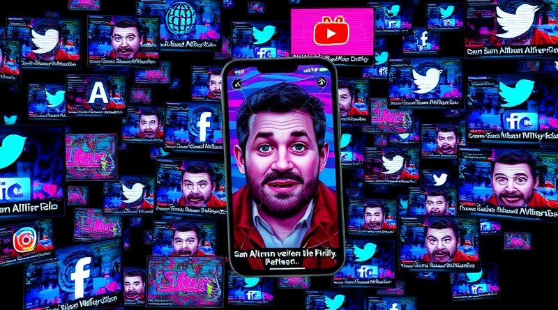 Sfora deepfake'ów Sama Altmana wylewa się z pękniętego smartfona na tle glitchujących nagłówków.
