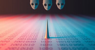 Minimalistyczny binarny kod przebijający pastelową zasłonę uprzejmości, z zaskoczonymi twarzami w tle. Symbolika precyzji AI.