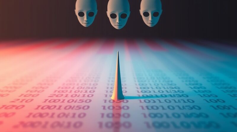 Minimalistyczny binarny kod przebijający pastelową zasłonę uprzejmości, z zaskoczonymi twarzami w tle. Symbolika precyzji AI.