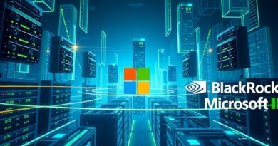 Abstrakcyjna, futurystyczna panorama miasta z serwerami, logami Nvidia, Microsoft, BlackRock, w kolorach niebieskim, zielonym i szarym.