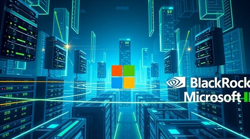 Abstrakcyjna, futurystyczna panorama miasta z serwerami, logami Nvidia, Microsoft, BlackRock, w kolorach niebieskim, zielonym i szarym.