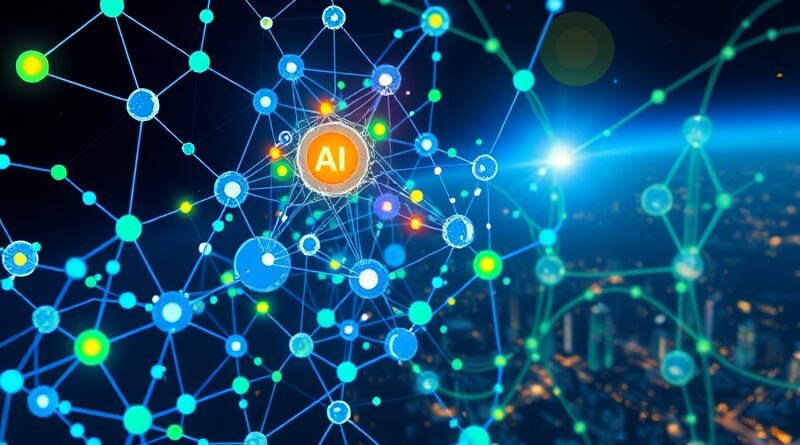 Iridescentna sieć neuronowa z węzłami "Training", "Inference" i złotym "Groq" na tle kosmiczno-futurystycznym.