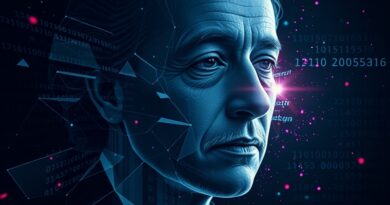 Rozpadające się twarze Einsteina, Garland, Armstronga, przepływający kod binarny i ochronna tarcza AI. Walka z deepfake.