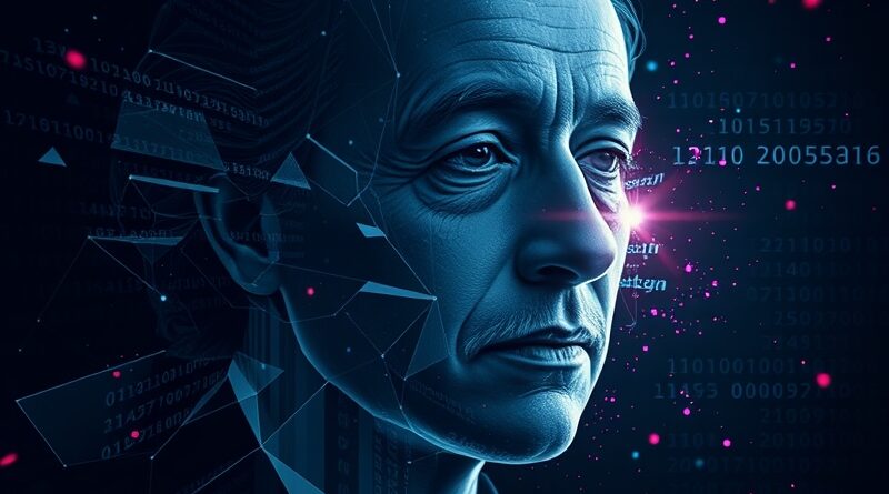 Rozpadające się twarze Einsteina, Garland, Armstronga, przepływający kod binarny i ochronna tarcza AI. Walka z deepfake.