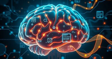 Mózg spleciony z obwodami, symbolizuje fuzję inteligencji ludzkiej i AI w cyfrowym marketingu, ewolucja od SEO do GEO.