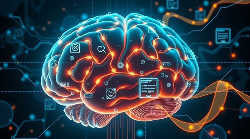 Mózg spleciony z obwodami, symbolizuje fuzję inteligencji ludzkiej i AI w cyfrowym marketingu, ewolucja od SEO do GEO.