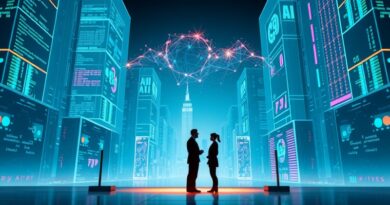 Futurystyczne miasto, holograficzne projekcje kodu, Altman i Ive debatują o przyszłości AI.