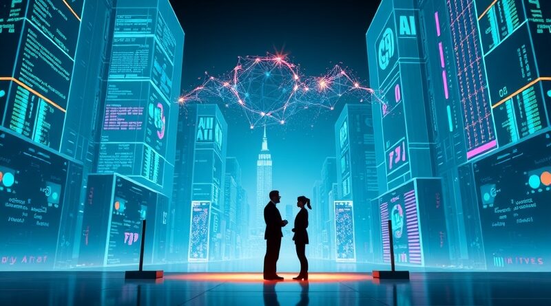 Futurystyczne miasto, holograficzne projekcje kodu, Altman i Ive debatują o przyszłości AI.