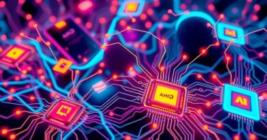 Abstrakcyjna sieć neuronowa spleciona z chipami AMD symbolizuje moc obliczeniową AI i współpracę OpenAI.