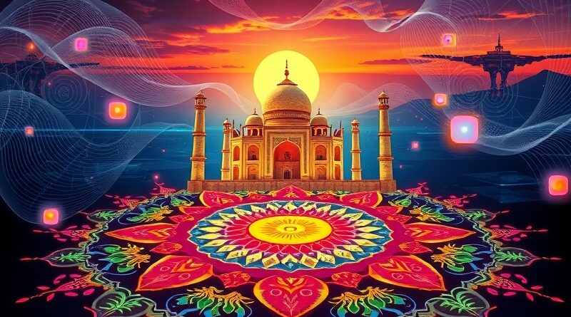 Kolorowa rangoli przechodząca w sieć neuronową, symbolizująca połączenie tradycji Indii i sztucznej inteligencji.