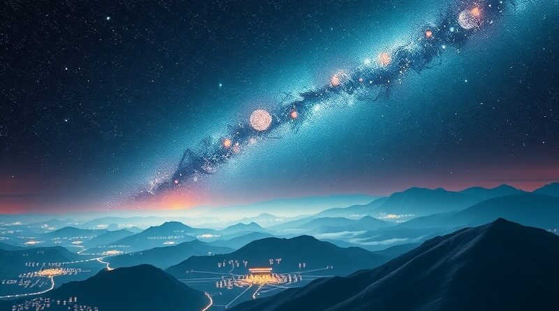 Bioluminescencja chipów formuje galaktykę nad koreańskim krajobrazem. Symbol strategicznej współpracy OpenAI.