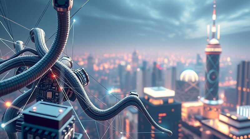 Stylizowana sieć neuronowa spleciona z krzemem, pulsująca światłem na tle futurystycznego miasta. Symbol innowacji i infrastruktury AI.