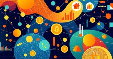 Abstrakcyjne połączenie sieci neuronowej, wykresów finansowych i symboli zarządzania finansami osobistymi w stylu Kandinsky'ego.