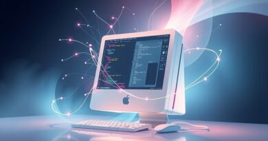 Abstrakcyjna AI otacza i ulepsza Macintosha, subtelnie modyfikując interfejs. Pastelowe barwy, cyfrowe malarstwo.