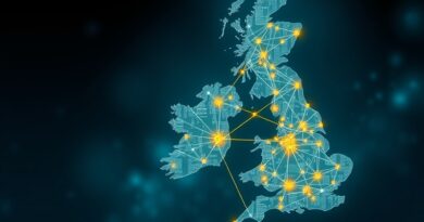 Sieć danych w kształcie Wielkiej Brytanii, symbolizująca suwerenność danych i innowacje AI.