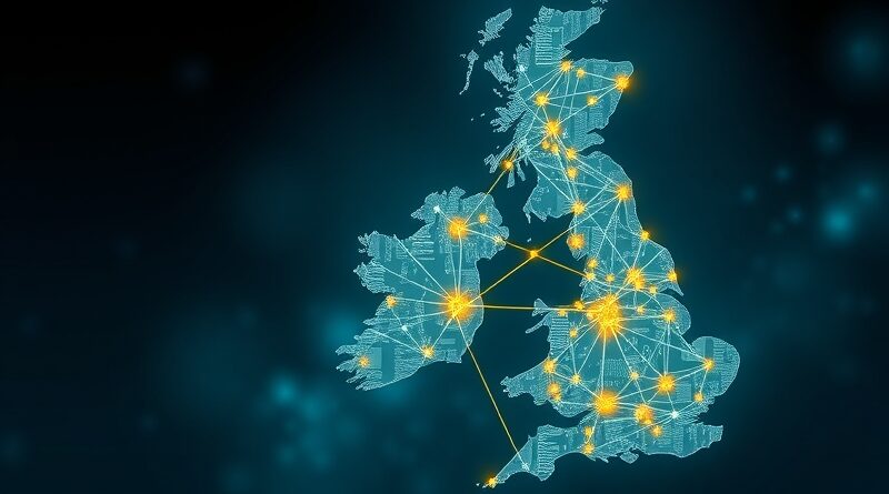 Sieć danych w kształcie Wielkiej Brytanii, symbolizująca suwerenność danych i innowacje AI.
