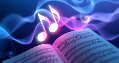 Abstrakcyjna fala dźwiękowa w odcieniach fioletu i błękitu, przechodząca w nutę nad partyturą.