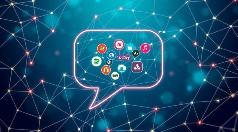 Sieć neuronowa w kształcie dymka czatu; ikony aplikacji symbolizują ekosystem ChatGPT.