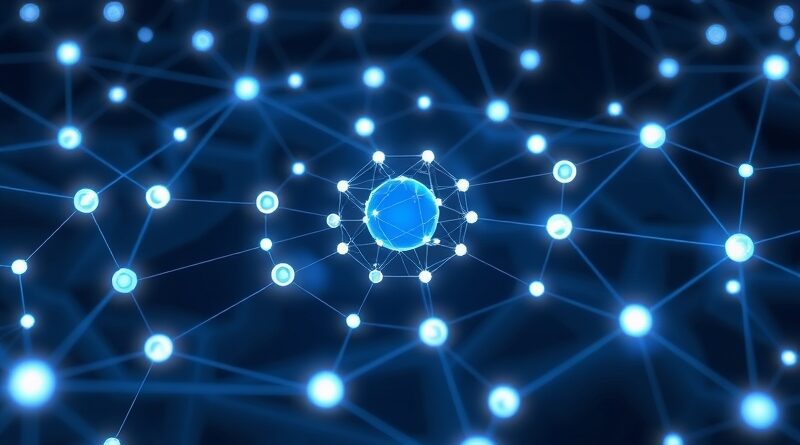 Sieć połączonych węzłów AI, centralny węzeł OpenAI. Futuryzm, potencjał automatyzacji, Agent Builder.