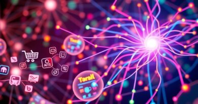 Sztuczna inteligencja jako sieć handlowa: ChatGPT w centrum, połączone usługi, nowoczesna grafika.