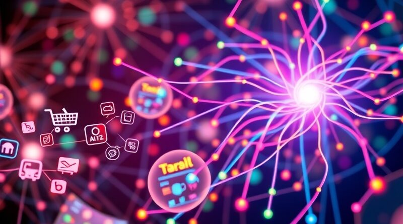 Sztuczna inteligencja jako sieć handlowa: ChatGPT w centrum, połączone usługi, nowoczesna grafika.