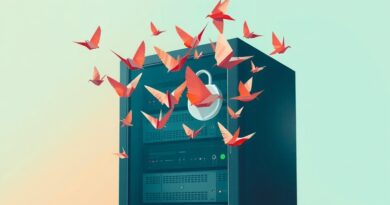 Stado origami ptaków wylatujących z serwerowni, symbolizujące innowacje OpenAI i bezpieczeństwo API.