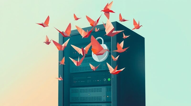 Stado origami ptaków wylatujących z serwerowni, symbolizujące innowacje OpenAI i bezpieczeństwo API.