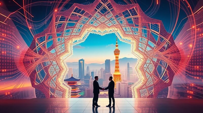 Abstrakcyjne cyfrowe malowidło: Gwiezdna brama z chipów DRAM otwiera się na futurystyczny Seul, z wizerunkami Sama Altmana i prezesów Samsunga/SK Hynix.