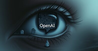 Łza w kształcie dymka nad okiem; odbicie kodu i nagrobków, OpenAI. Smutek, technologia, strata.