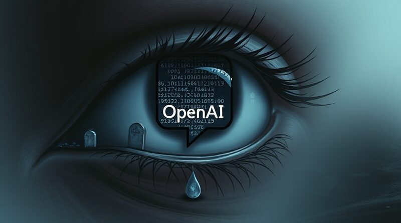 Łza w kształcie dymka nad okiem; odbicie kodu i nagrobków, OpenAI. Smutek, technologia, strata.