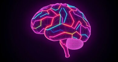 Abstrakcyjna wizualizacja: bioluminescencyjne dane szeregów czasowych splatają się z mózgiem, symbolizując AI w medycynie.