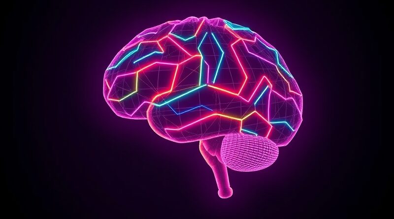 Abstrakcyjna wizualizacja: bioluminescencyjne dane szeregów czasowych splatają się z mózgiem, symbolizując AI w medycynie.