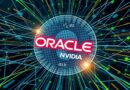 Cyfrowa sieć neuronowa nad projekcją logo Oracle i NVIDIA, symbolizująca współpracę i rewolucję AI.
