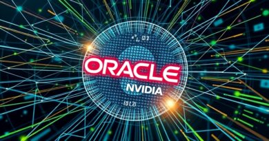 Cyfrowa sieć neuronowa nad projekcją logo Oracle i NVIDIA, symbolizująca współpracę i rewolucję AI.