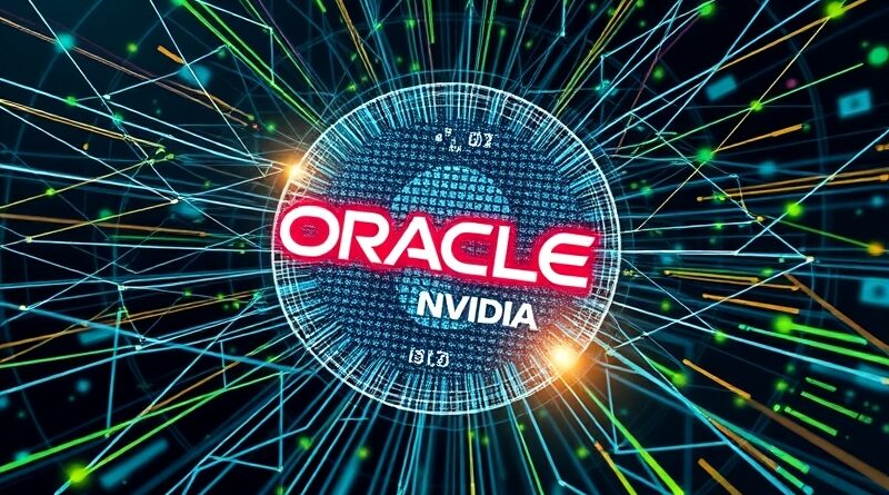 Cyfrowa sieć neuronowa nad projekcją logo Oracle i NVIDIA, symbolizująca współpracę i rewolucję AI.