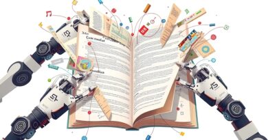 Robotyczne ramiona analizują wielojęzyczny dokument z formułami, kodem i notatkami. AI, natywna rozdzielczość, PaddleOCR-VL.