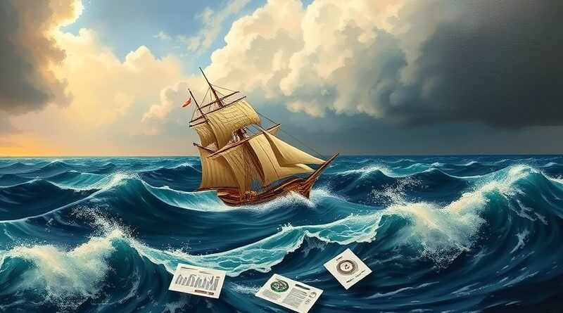 Burzliwe morze, galion walczący z falami, podarte żagle, dokumenty na wodzie. Technologiczna burza na wzór Turnera.