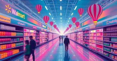 Surrealistyczna wizja Walmartu. Neonowe kody binarne, logo ChatGPT, przyszłość e-commerce.