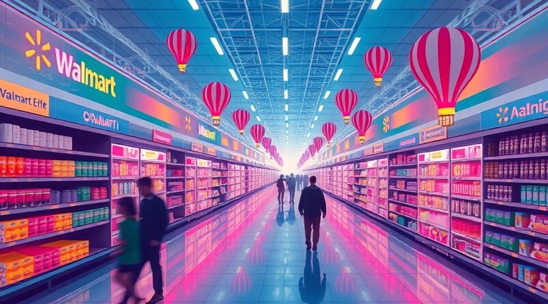 Surrealistyczna wizja Walmartu. Neonowe kody binarne, logo ChatGPT, przyszłość e-commerce.