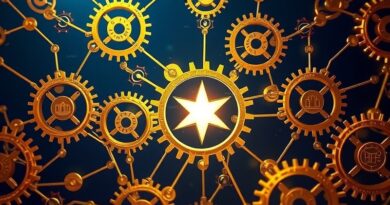 Złożona sieć złotych, połączonych zębatek w indygo próżni, symbolizująca patenty i innowacje, oświetlona gwiazdą.