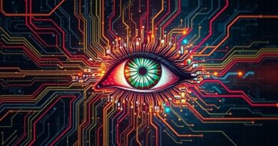 Połączenie AI i sztuki: obwód wplecion w pociągnięcia pędzla, tworzący oko na nieskończonym płótnie danych.