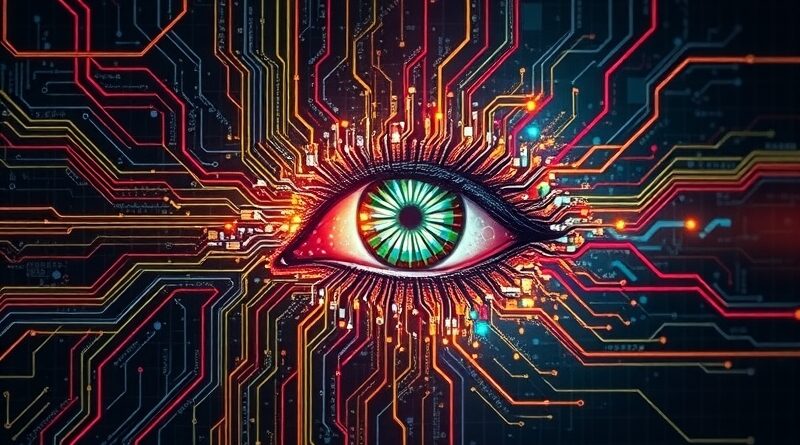 Połączenie AI i sztuki: obwód wplecion w pociągnięcia pędzla, tworzący oko na nieskończonym płótnie danych.