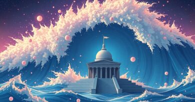 Cyfrowy szum AI zalewa minimalistyczną budowlę symbolizującą ludzką kreatywność, podkreślając napięcie i presję.