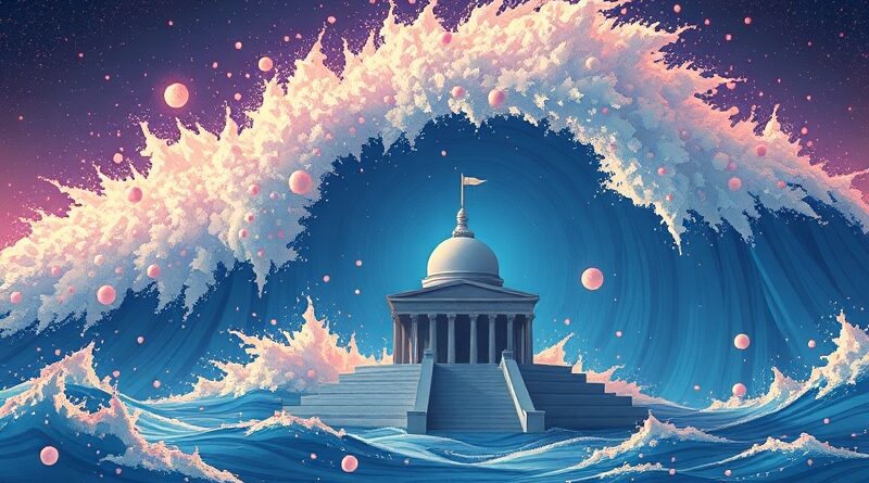 Cyfrowy szum AI zalewa minimalistyczną budowlę symbolizującą ludzką kreatywność, podkreślając napięcie i presję.