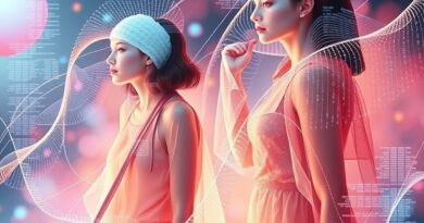 Surrealistyczny kolaż: eteryczne ubrania i strumienie danych obrazują personalizację mody przez AI na Pintereście.