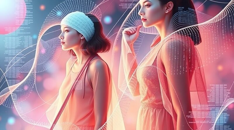 Surrealistyczny kolaż: eteryczne ubrania i strumienie danych obrazują personalizację mody przez AI na Pintereście.