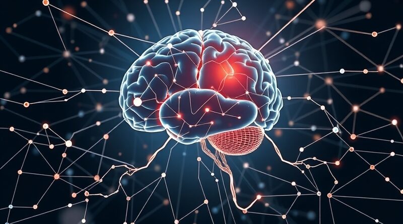 Świecący cyfrowy mózg połączony z rozległą siecią danych, symbolizujący głębokie badania AI.