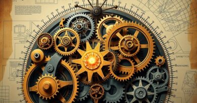 Złożony mechanizm zegarowy symbolizujący umysł w pracy, reprezentujący model badawczy PokeeResearch-7B AI.