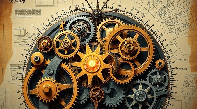 Złożony mechanizm zegarowy symbolizujący umysł w pracy, reprezentujący model badawczy PokeeResearch-7B AI.